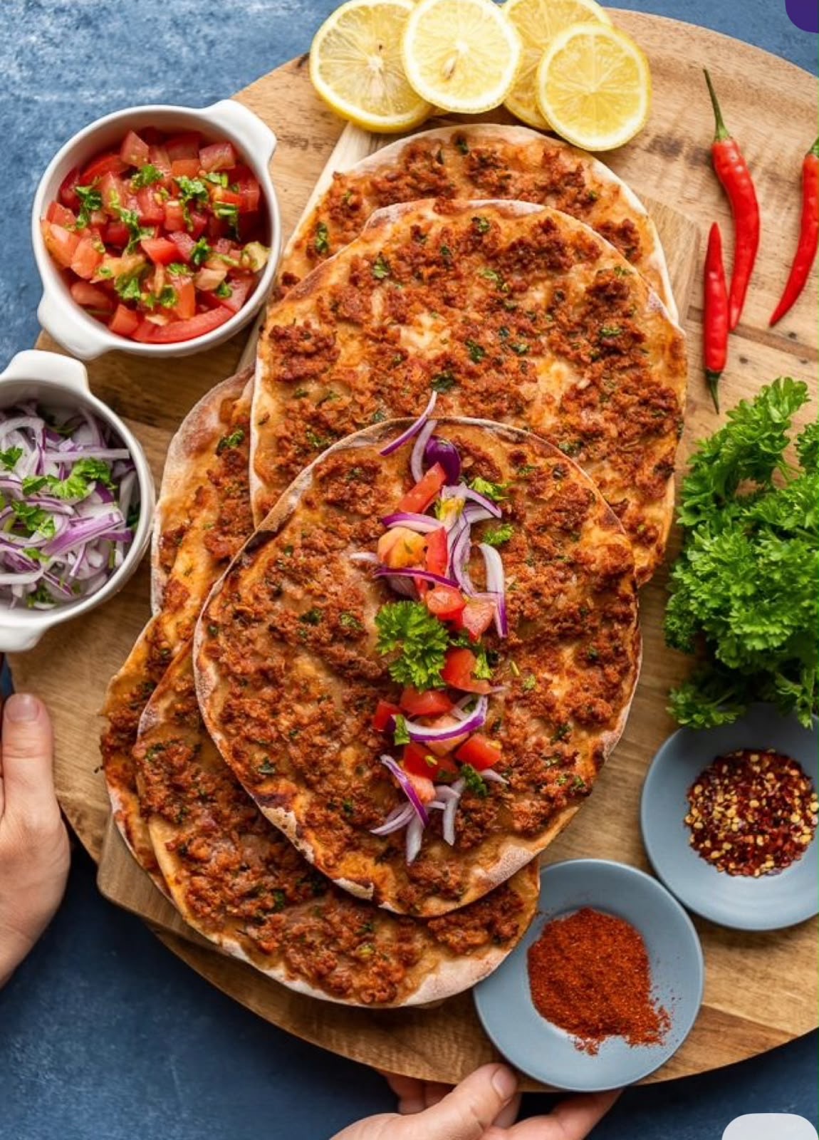 Manakish / lahm bi ajeen — Lebanese flatbread with spiced meat, East London
