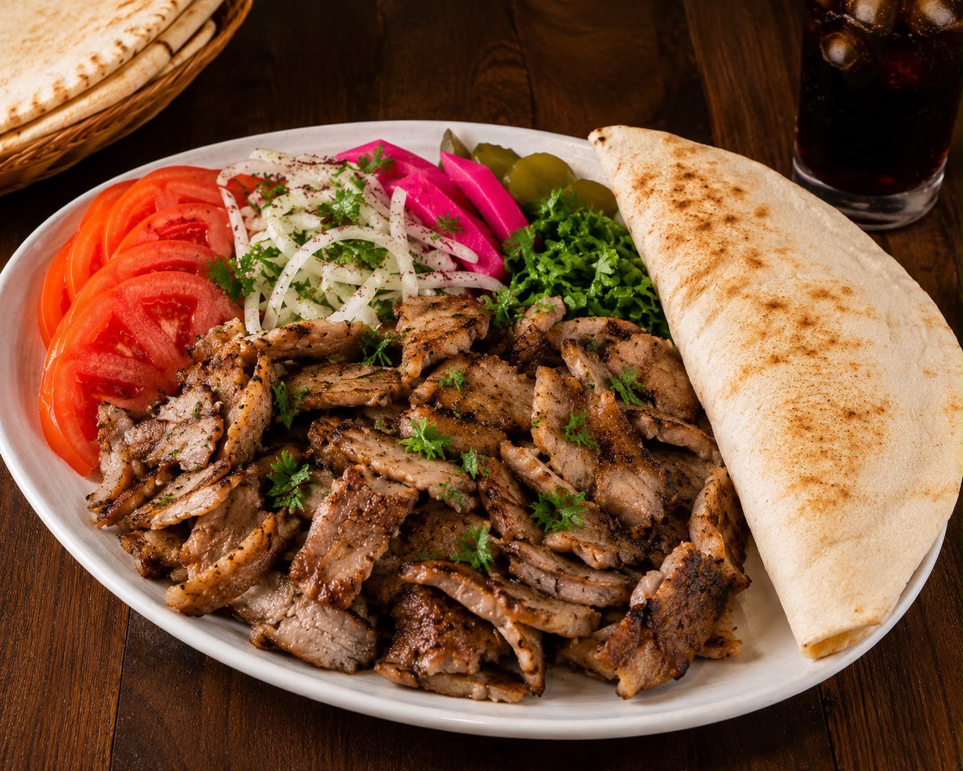 Beef shawarma platter with pita, salad and pickles — Lebanese restaurant East London