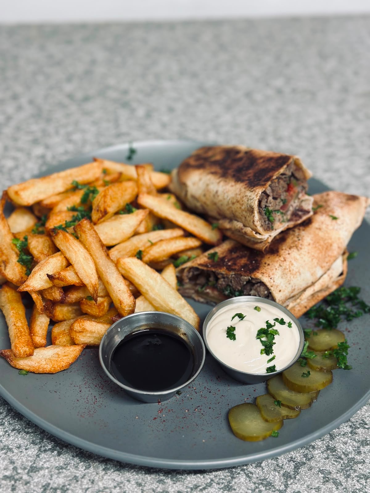 Beef shawarma wrap with fries and garlic sauce — East London