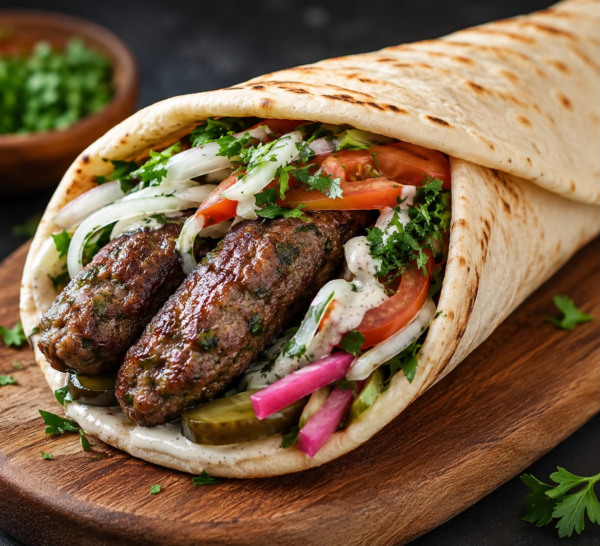 Lebanese kafta wrap with tomato, onion, parsley and tahini — Gonubie
